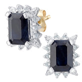 2.2ct Emerald Cut Black Sapphire and  Diamond Cluster Stud Earring in 9ct Yellow Gold